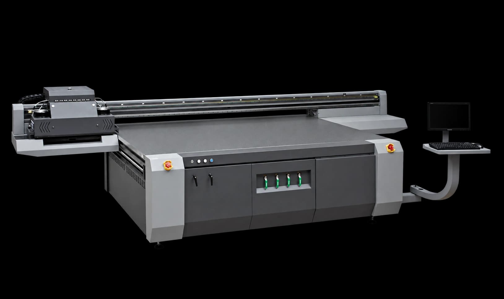 Impressora UV flatbed HandTop HT2512UV em perspectiva, com a estação de operação ao lado