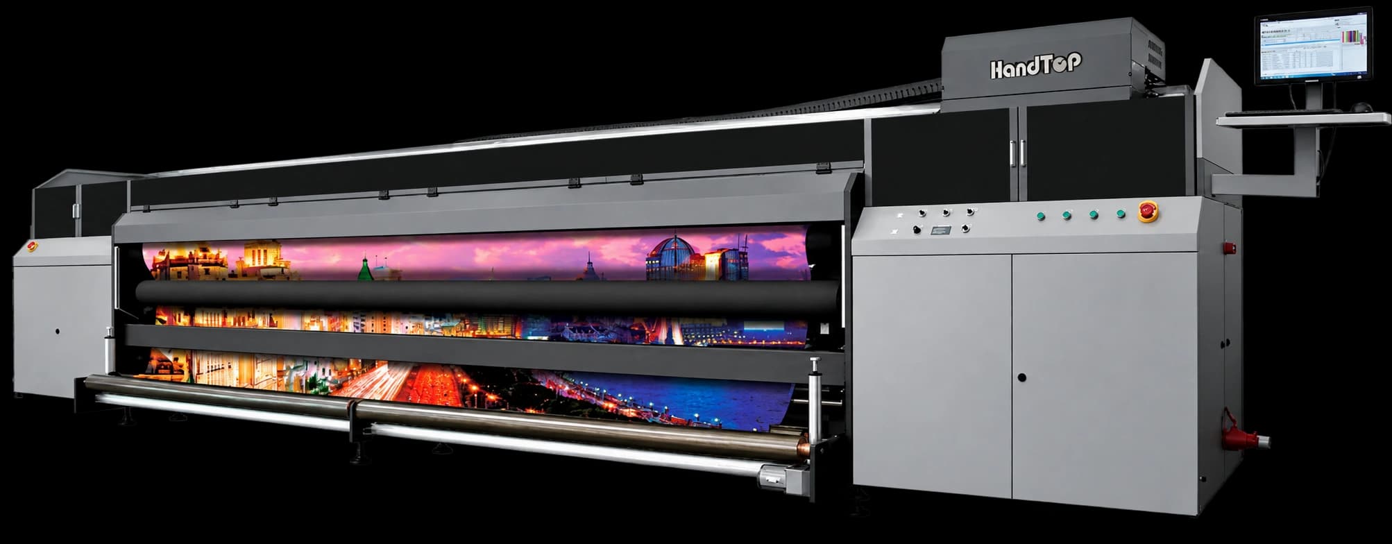 Impressora UV rolo a rolo HandTop com bobina de material flexível montada